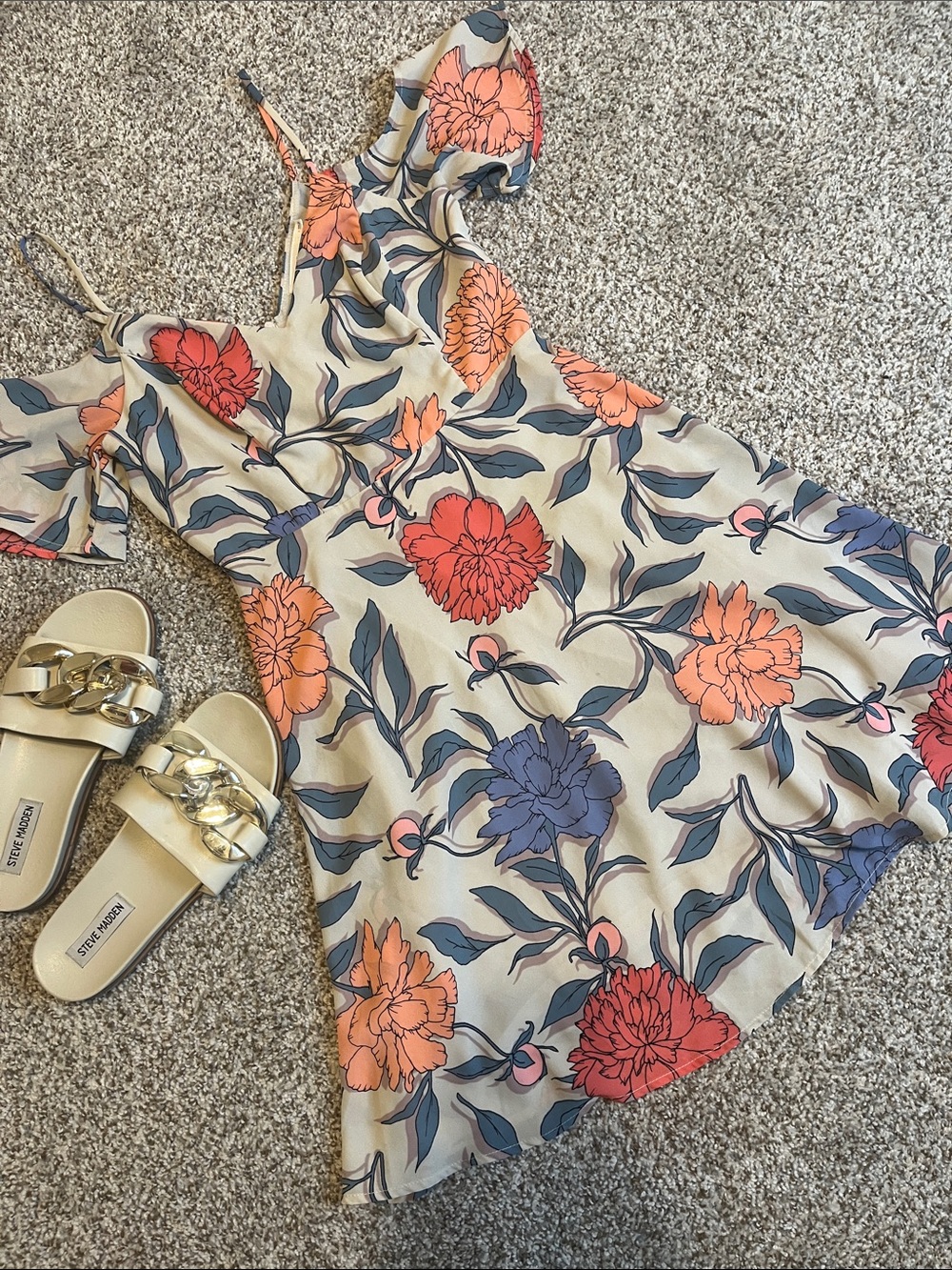 Floral Cold-Shoulder Dress in Cream with Coral & Navy Blooms